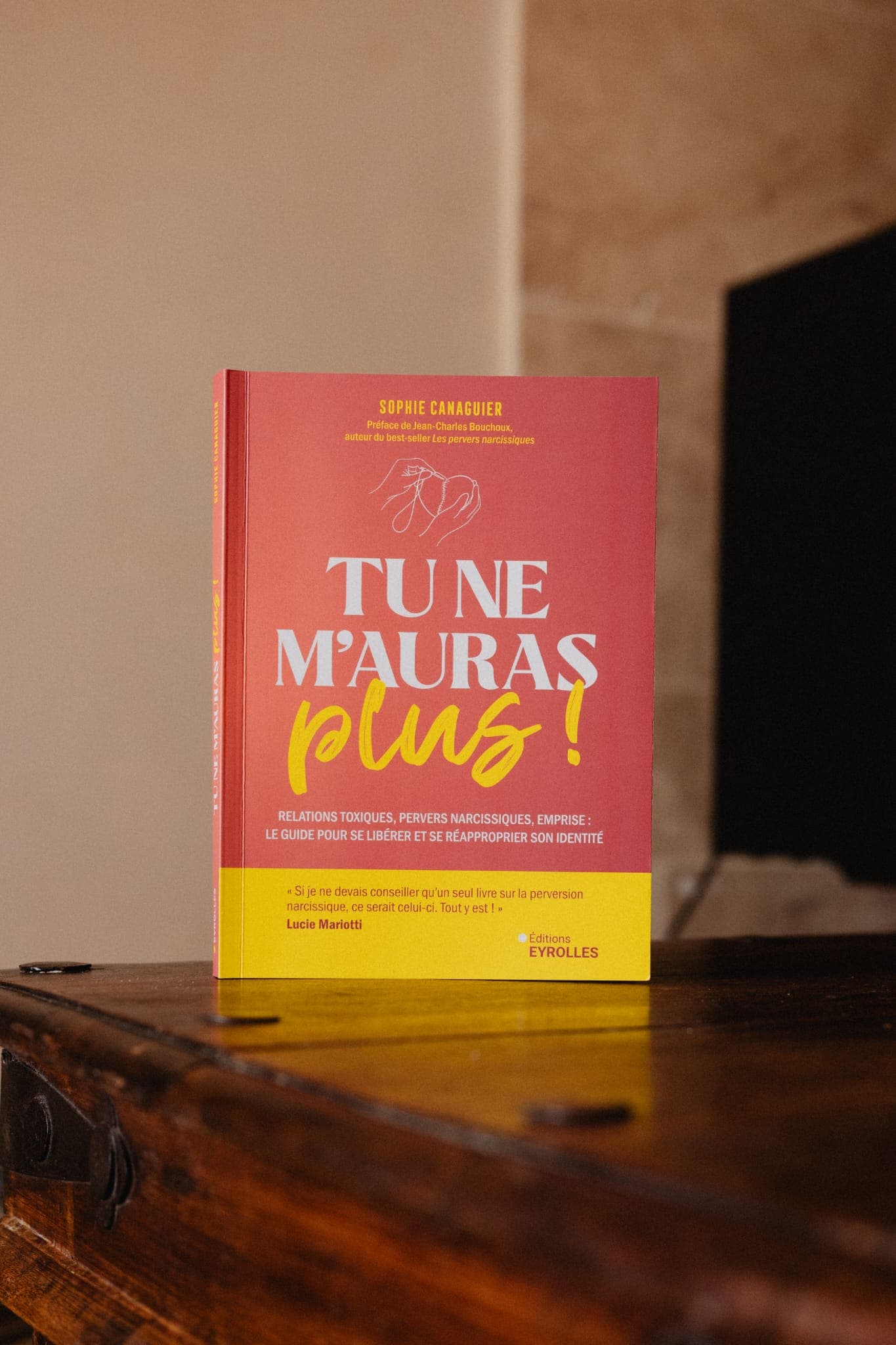 Le livre Tu ne m’auras plus ! posé sur un meuble en bois