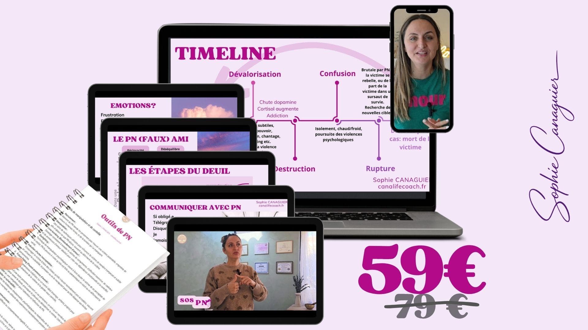 Les supports du programme SOS PN affichés sur ordinateur, tablettes et téléphone, avec les fiches imprimées